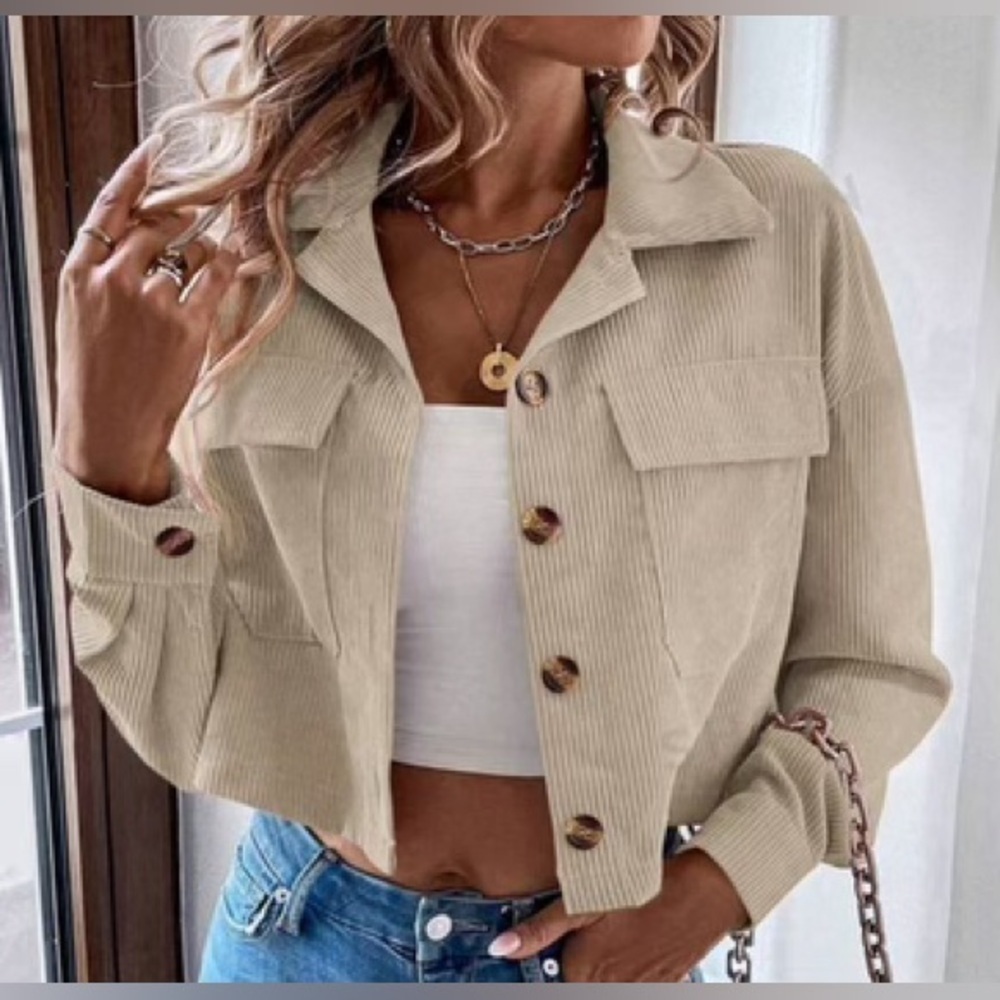 NWOT SHEIN FRENCHY FLAP POCKET, CROP CORDUROY JACKET SZ L. Trendy, neutral tone